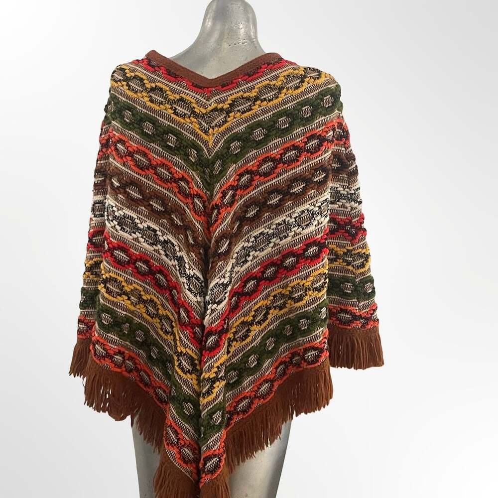 Multicolor Knit Aztec Poncho w Fringe Boat Neck - Picture 4 of 7